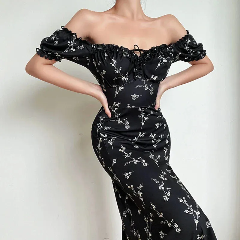 Off Shoulder Floral Print High Split Bodycon Summer Dress