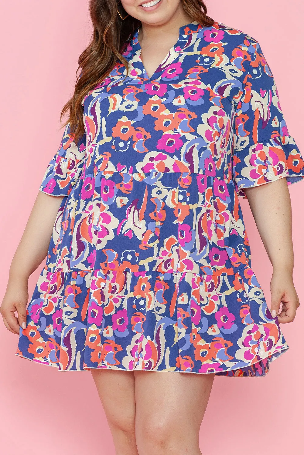 Plus Size Floral Print Ruffled 3/4 Sleeve Mini Dress