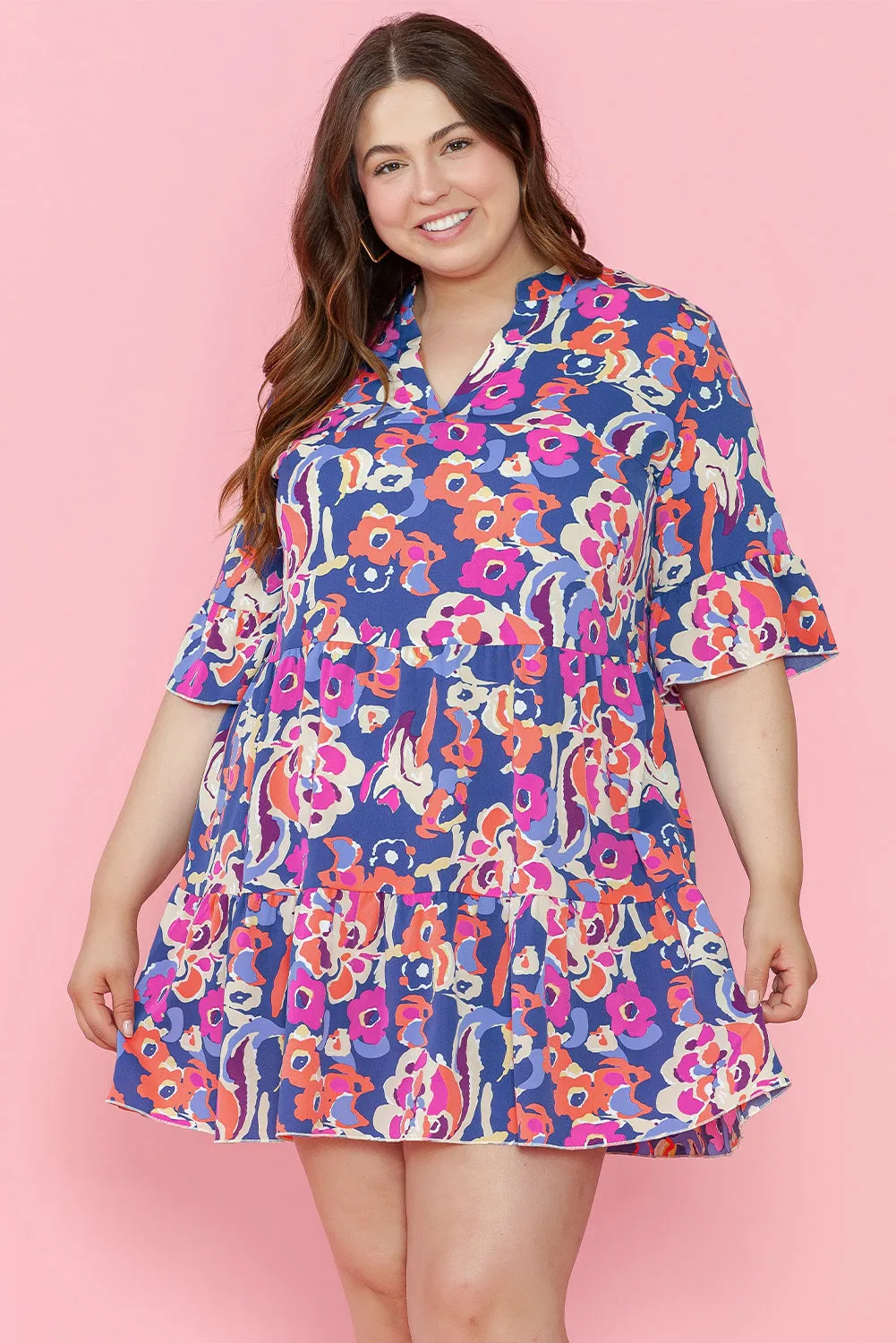 Plus Size Floral Print Ruffled 3/4 Sleeve Mini Dress