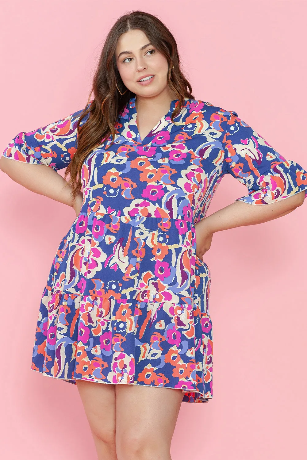 Plus Size Floral Print Ruffled 3/4 Sleeve Mini Dress