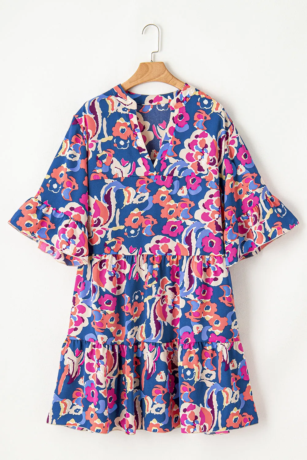 Plus Size Floral Print Ruffled 3/4 Sleeve Mini Dress