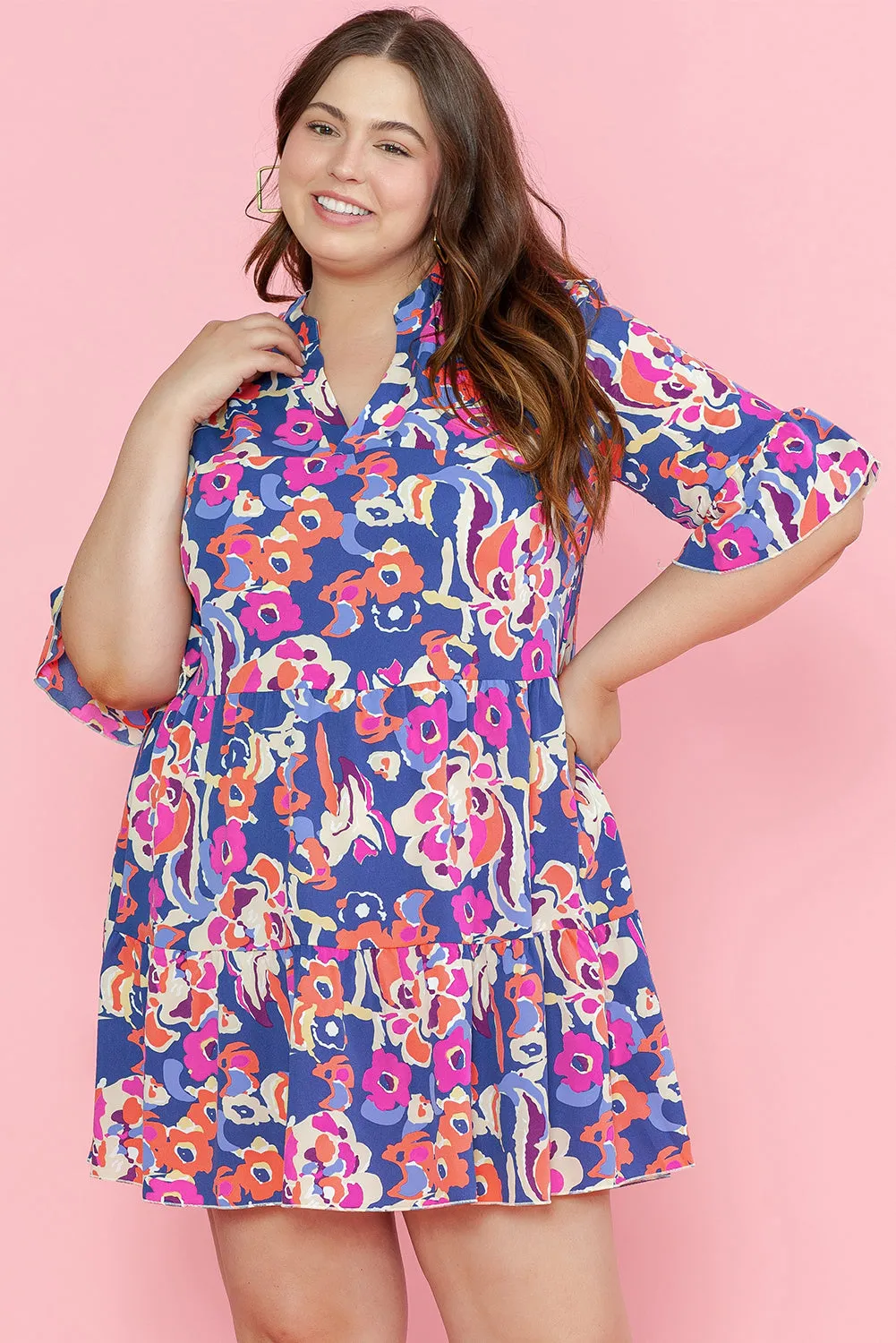 Plus Size Floral Print Ruffled 3/4 Sleeve Mini Dress