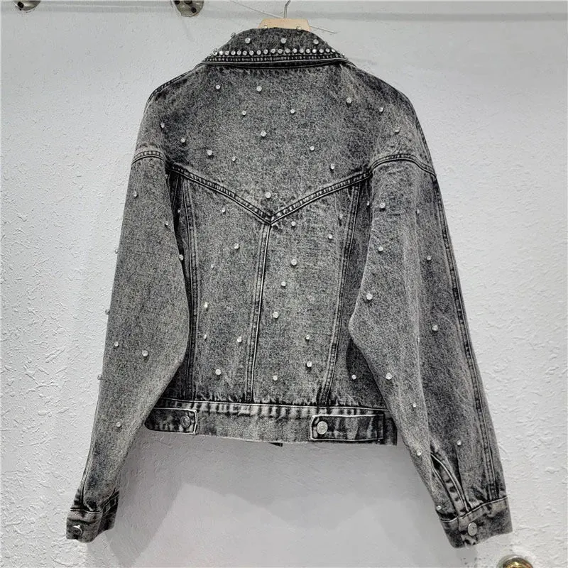 Pre Order:  Nail Bead Diamond Inlaid Denim Jacket