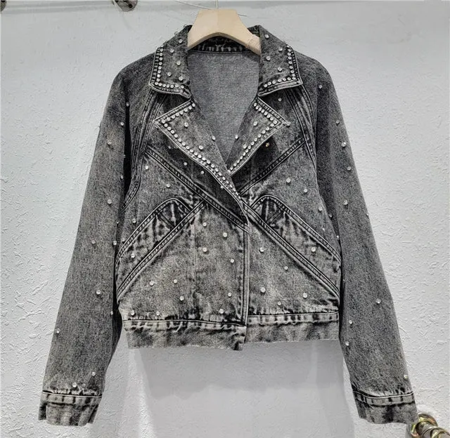 Pre Order:  Nail Bead Diamond Inlaid Denim Jacket