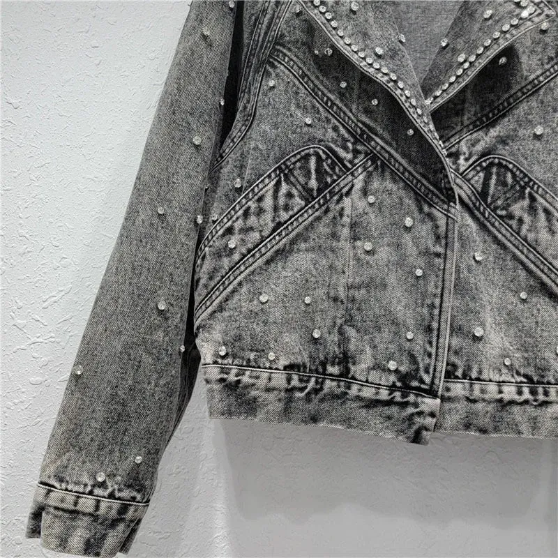 Pre Order:  Nail Bead Diamond Inlaid Denim Jacket