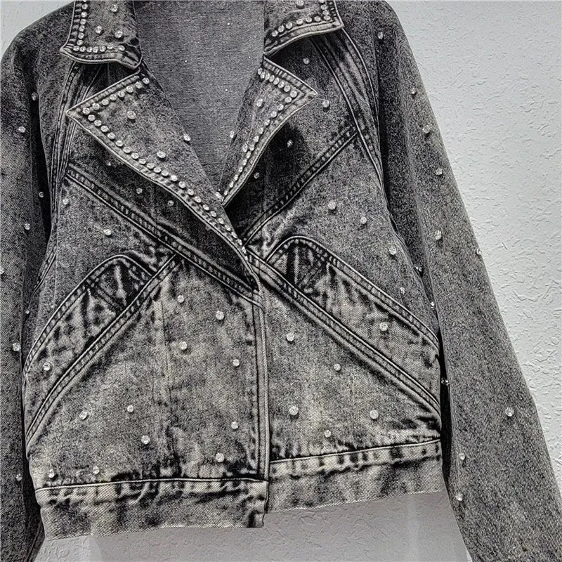 Pre Order:  Nail Bead Diamond Inlaid Denim Jacket