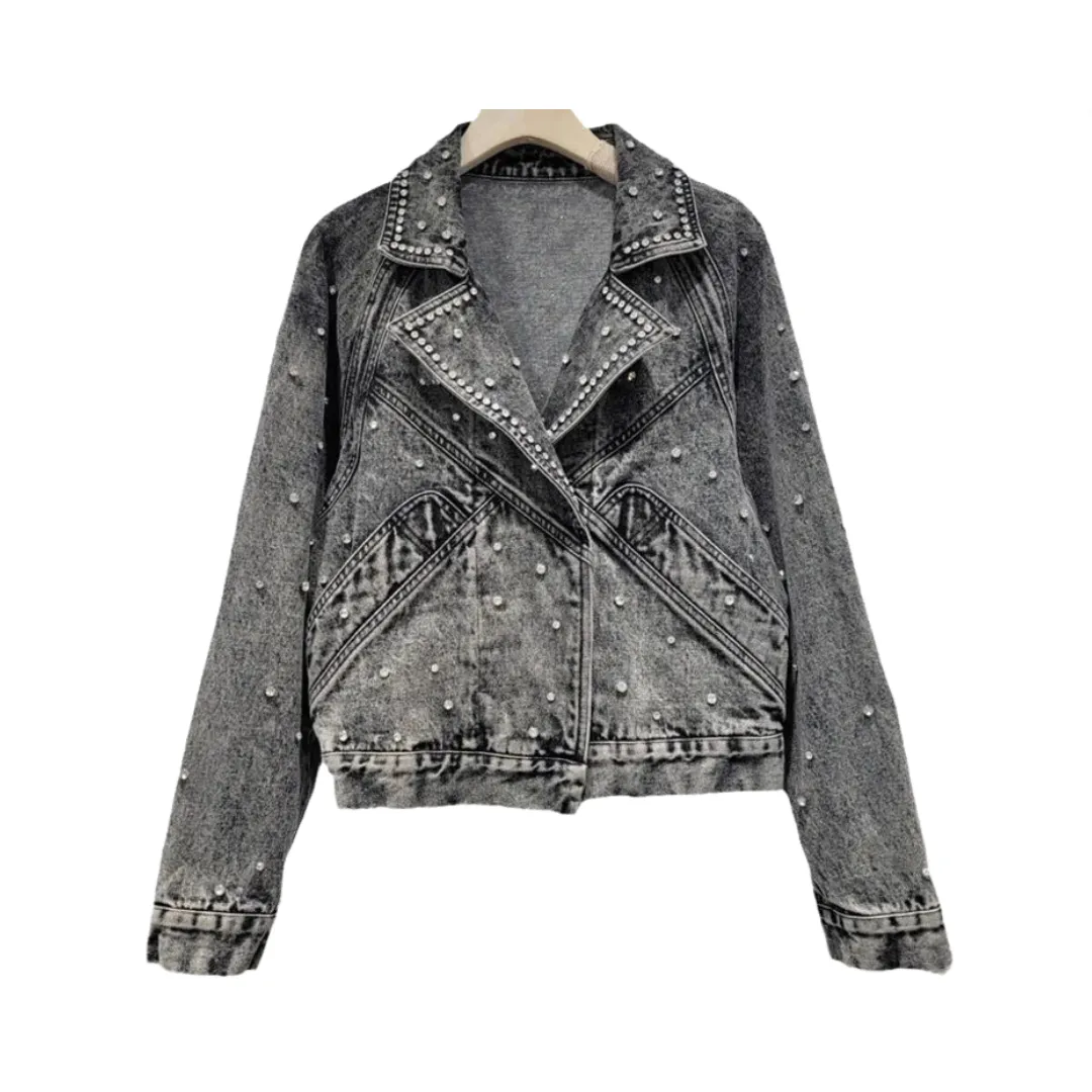 Pre Order:  Nail Bead Diamond Inlaid Denim Jacket