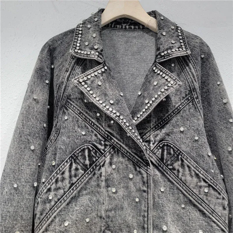 Pre Order:  Nail Bead Diamond Inlaid Denim Jacket