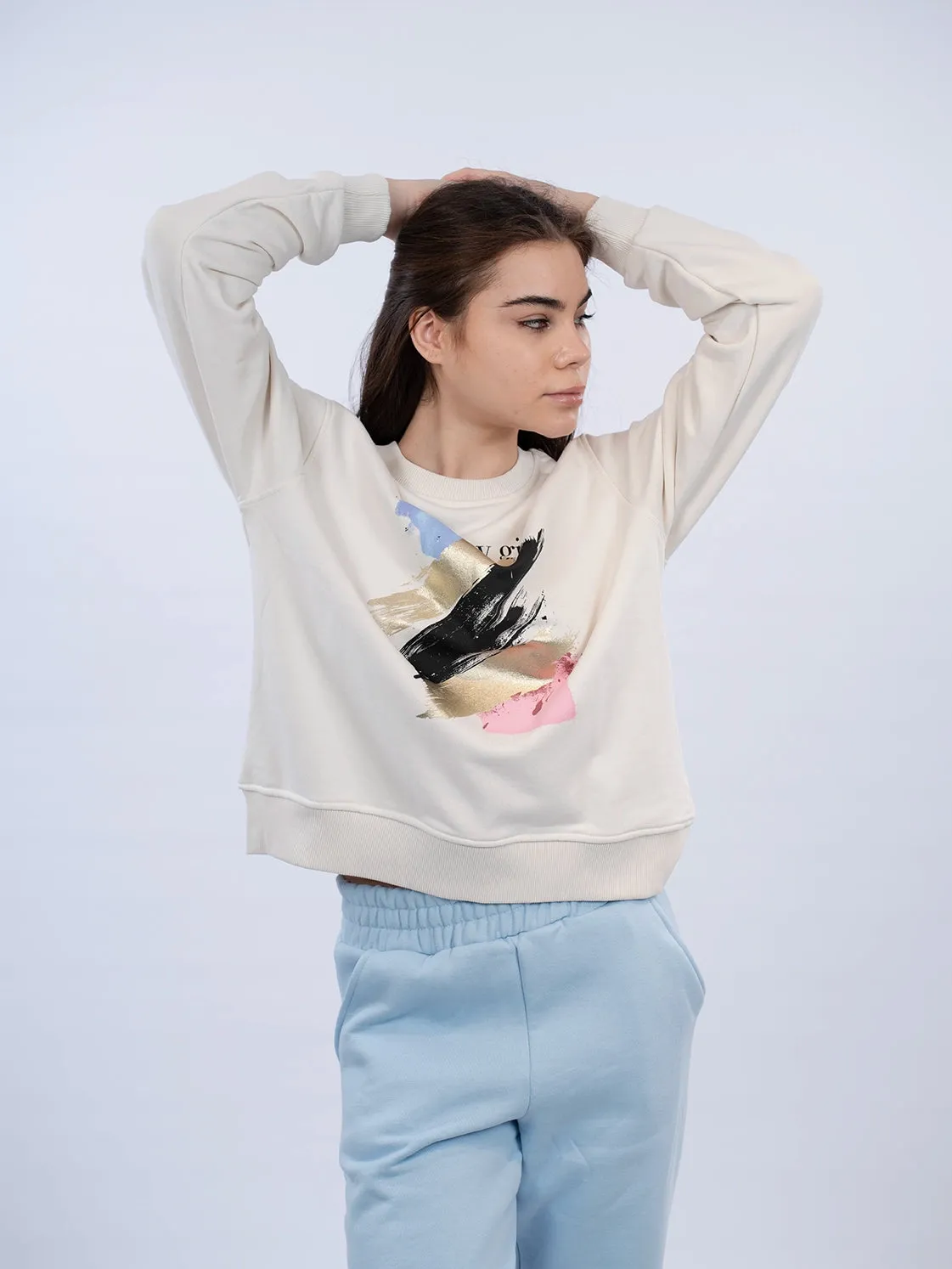 Printed Light Beige Sweater Round Neck