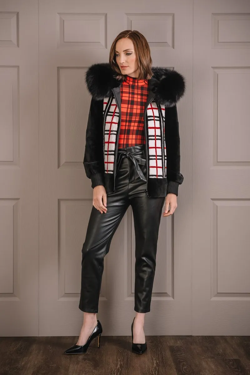 Reversible Plaid & Black Sheared Mink Fur Jacket - Fox Trimmed Hood