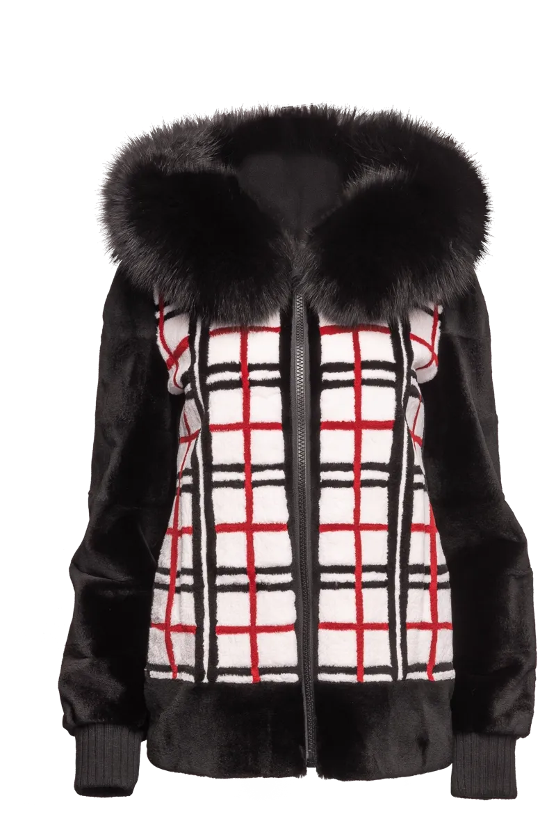 Reversible Plaid & Black Sheared Mink Fur Jacket - Fox Trimmed Hood