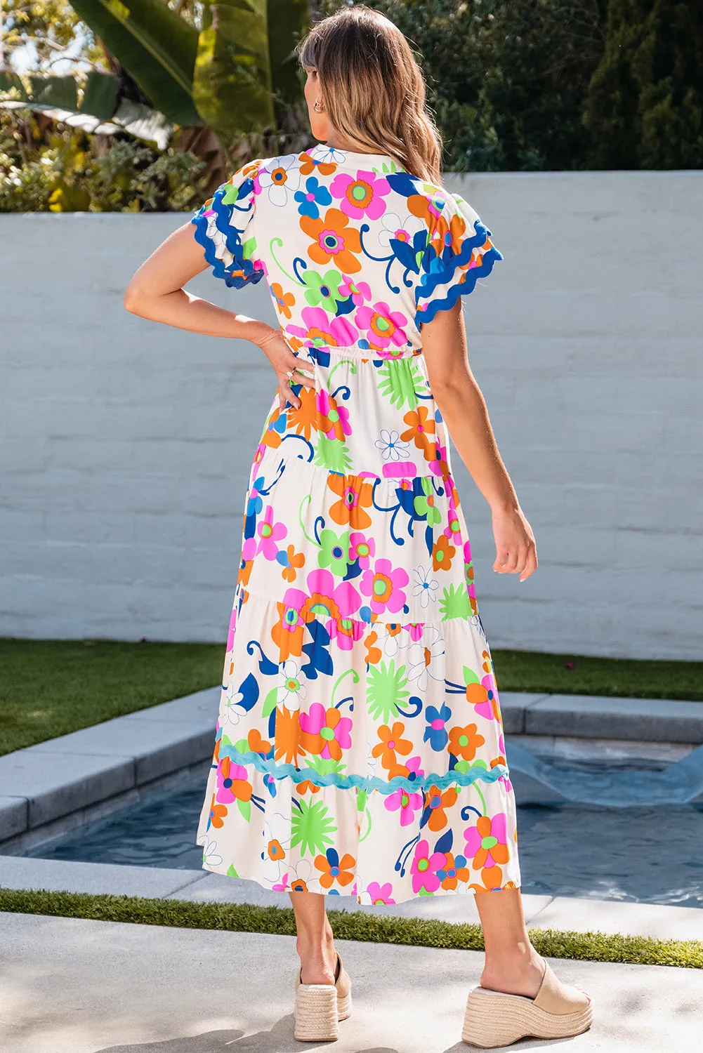 Ricrac Trim Flutter Floral Maxi Dress