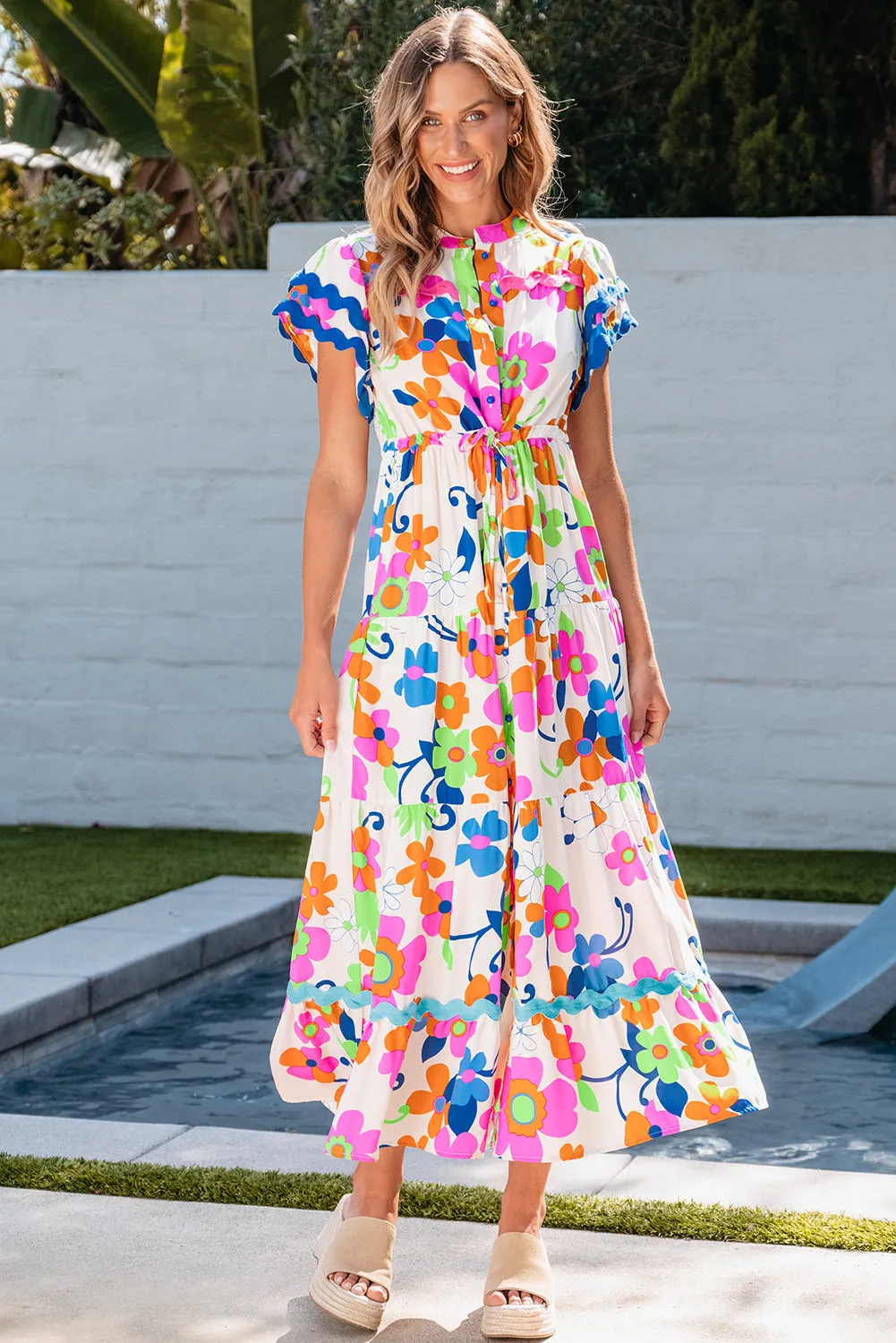 Ricrac Trim Flutter Floral Maxi Dress