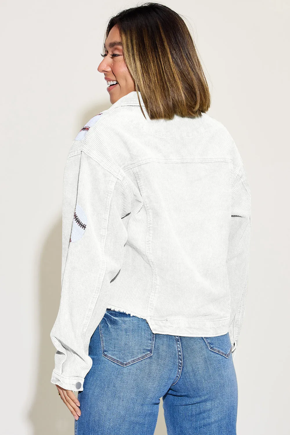 Sassy Sequin Baseball Fringy Denim Jacket