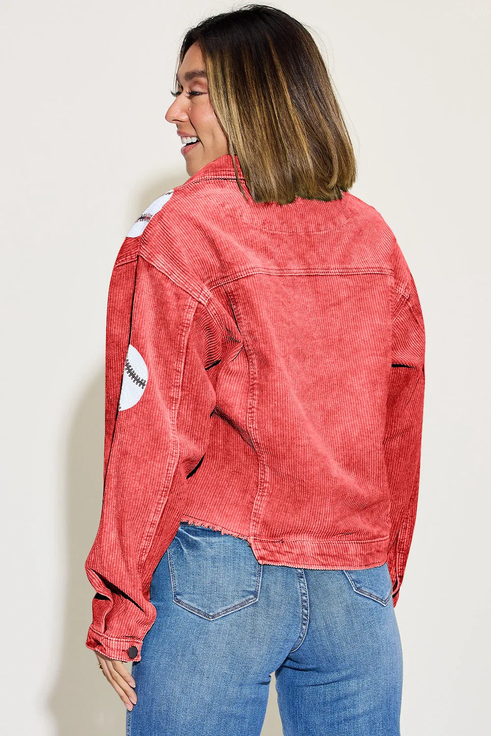 Sassy Sequin Baseball Fringy Denim Jacket