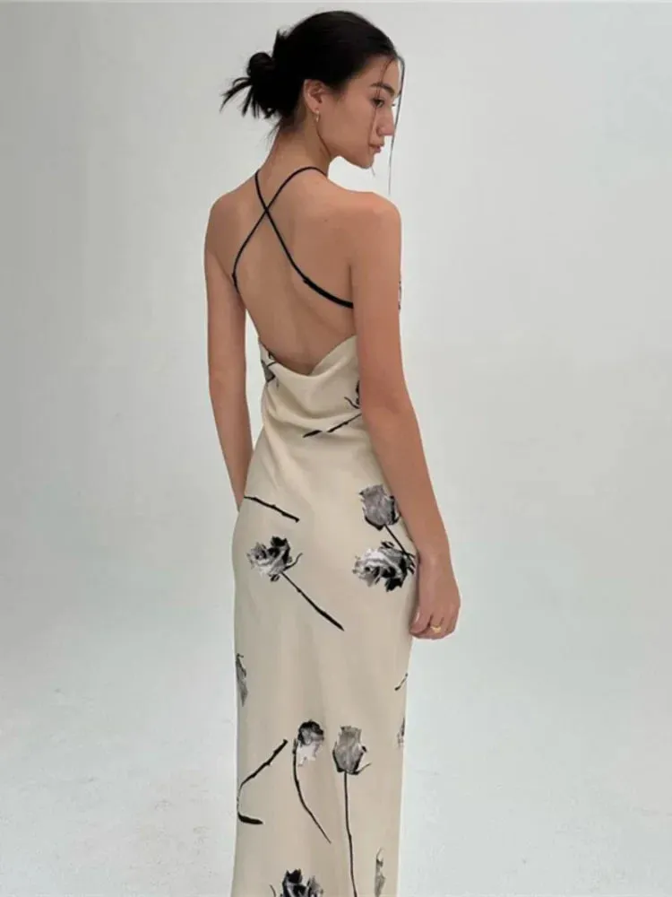 Summer Print Halter Backless Satin Split Women's Floral Dress - 2024 Hot Vestidos