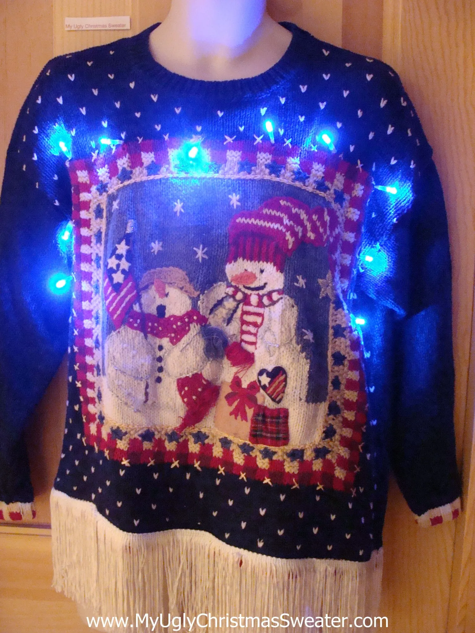 Tacky Patriotic Snowmen Light Up Christmas Sweater Fringe