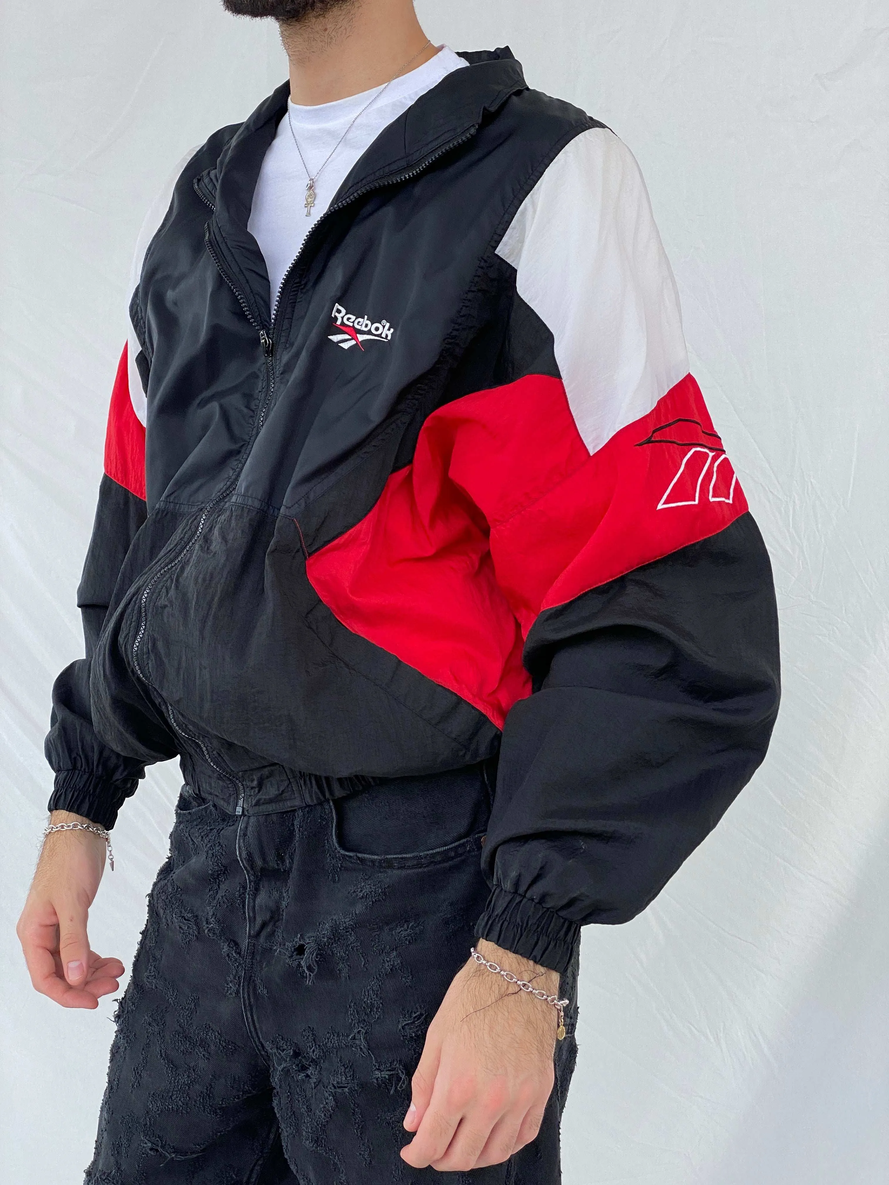 Vintage 90s Reebok Black and Red Windbreaker Jacket