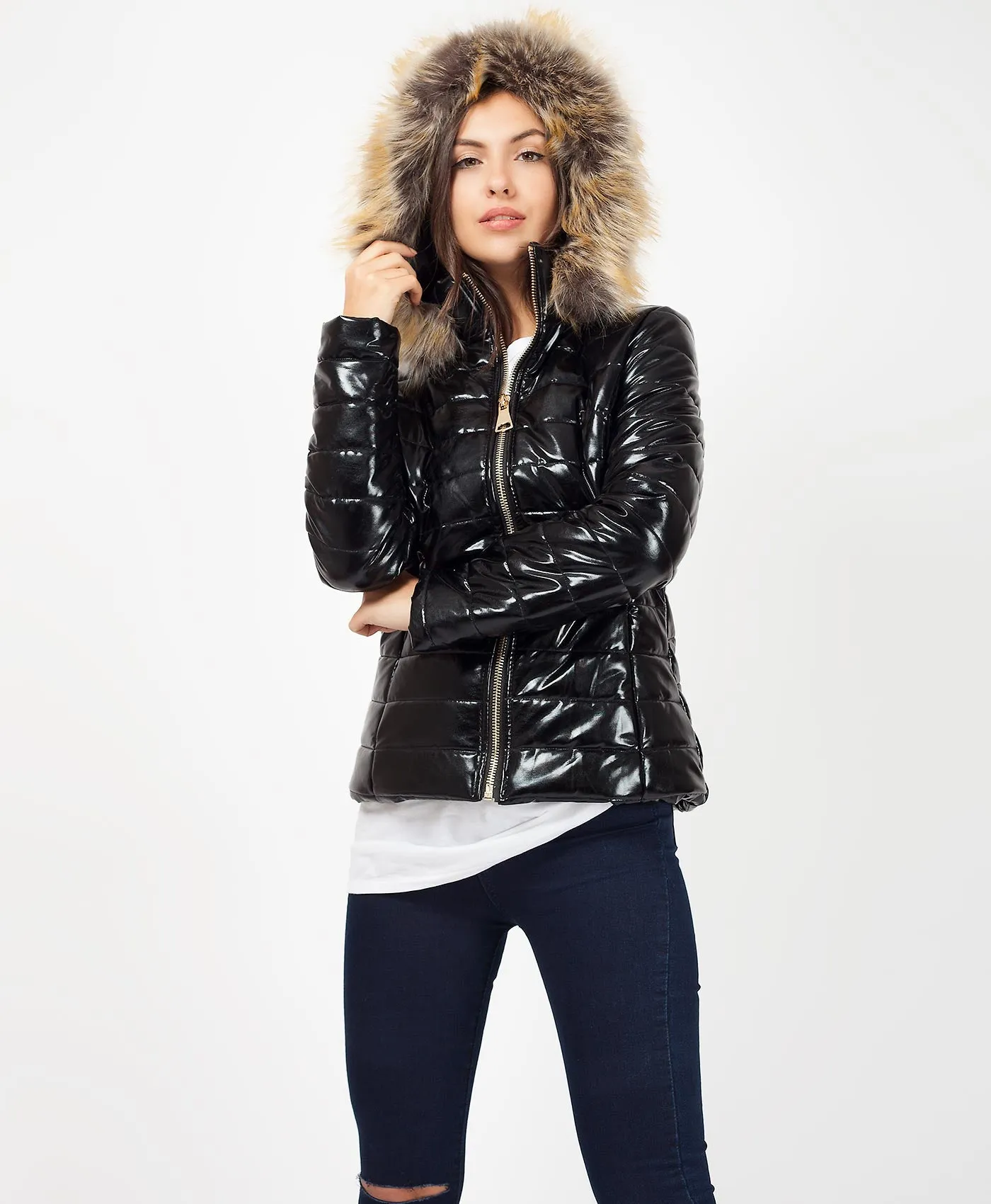 Wet Look Faux Fur Hood Quilted Puffer Jacket