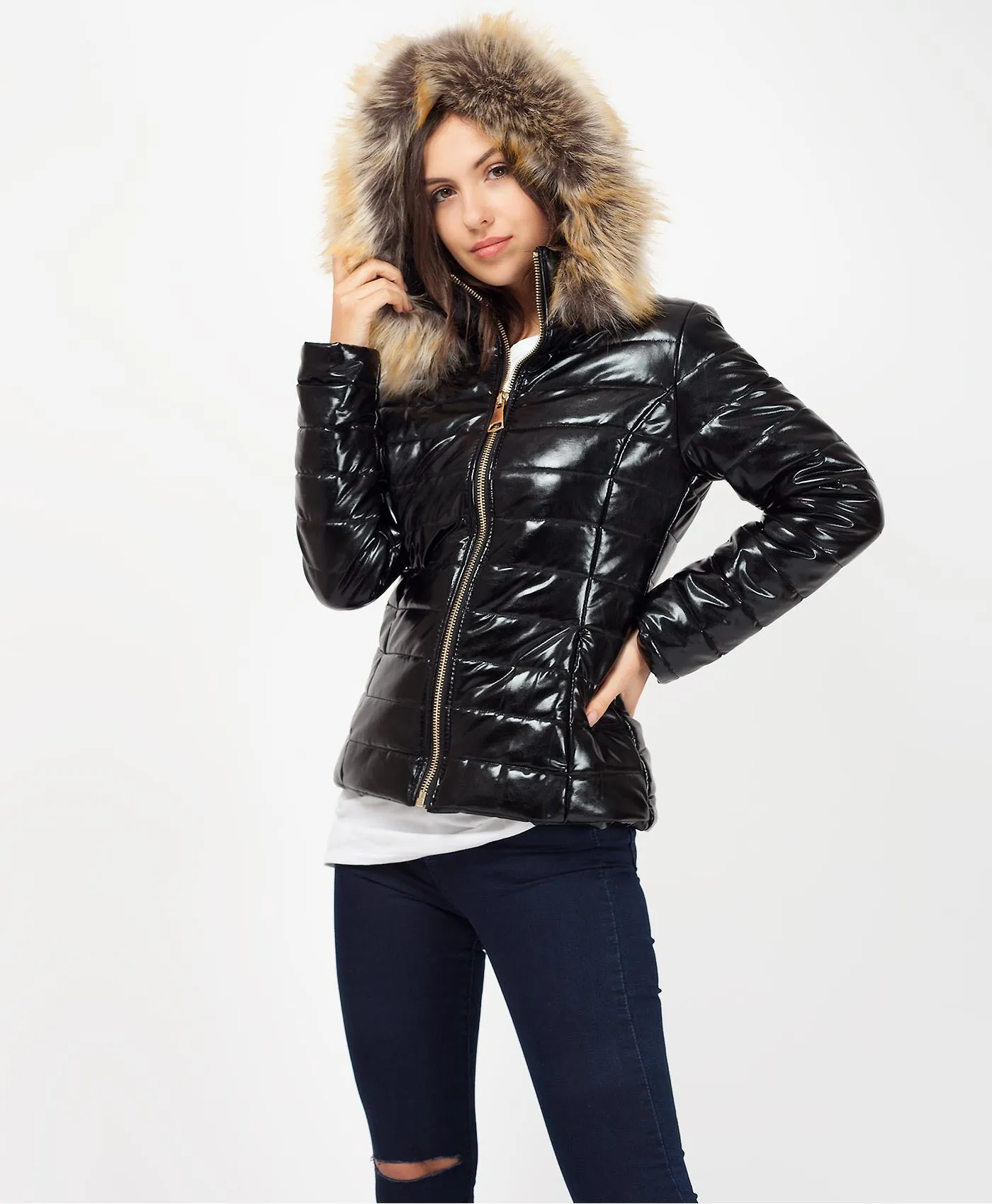 Wet Look Faux Fur Hood Quilted Puffer Jacket