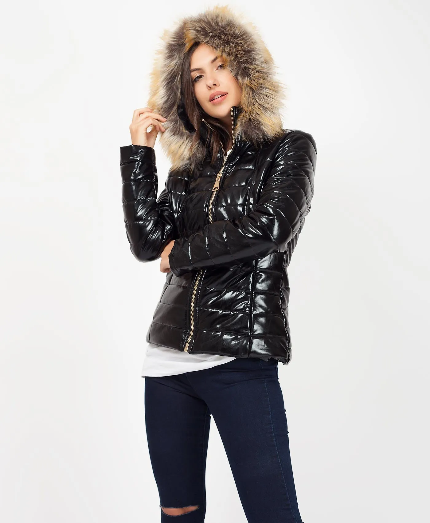 Wet Look Faux Fur Hood Quilted Puffer Jacket