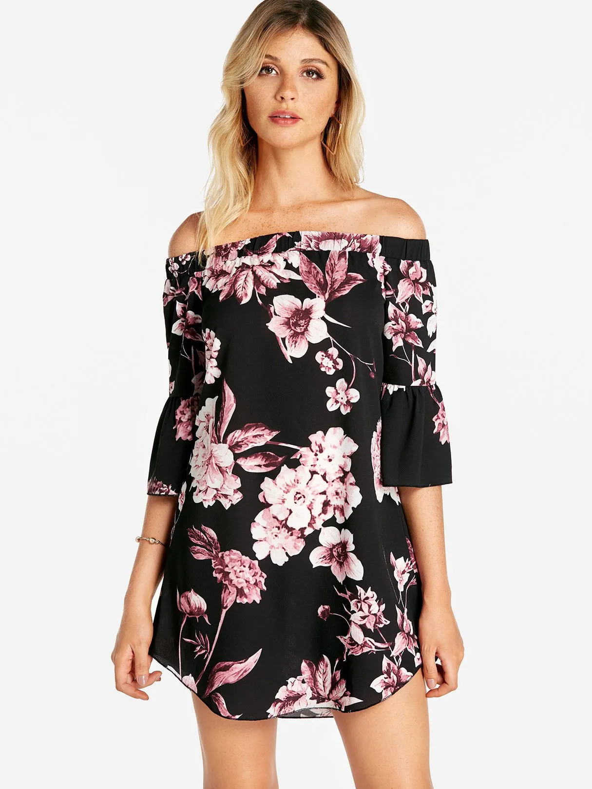 Wholesale Black Off The Shoulder Half Sleeve Floral Print Curved Hem Dresses