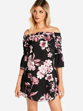 Wholesale Black Off The Shoulder Half Sleeve Floral Print Curved Hem Dresses