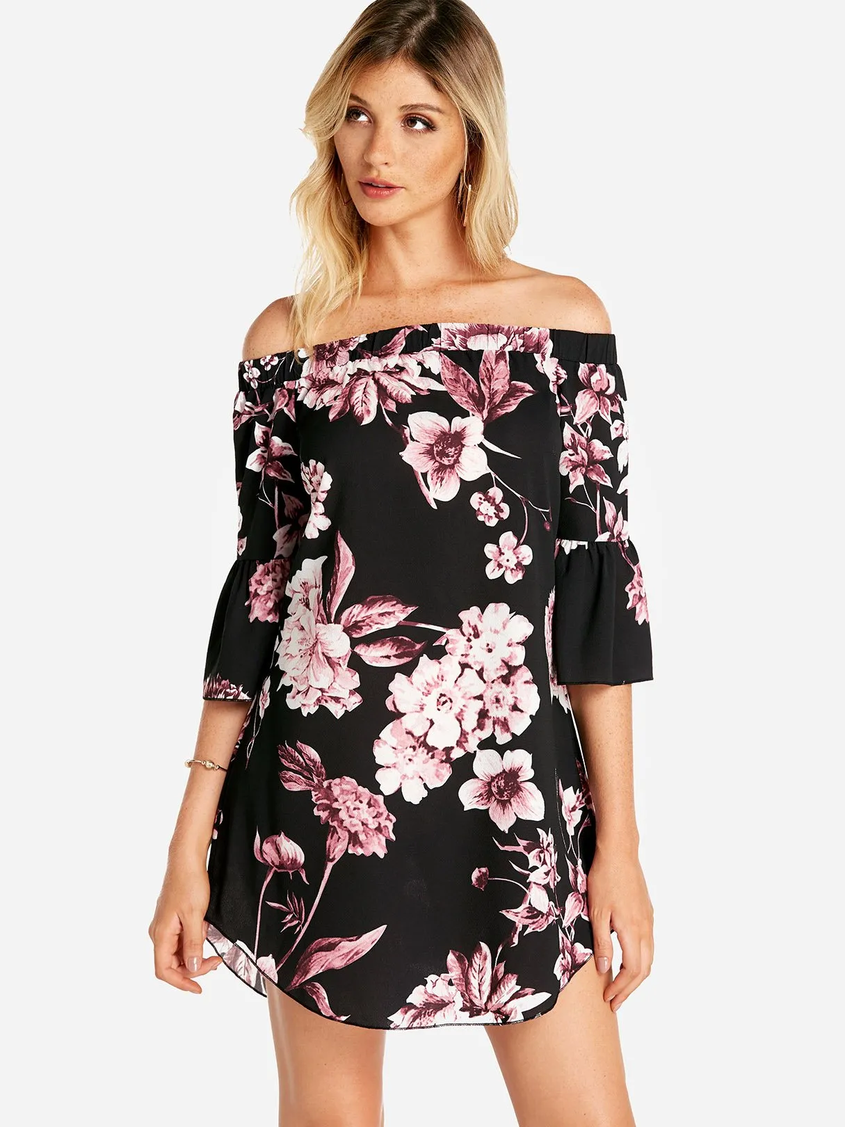 Wholesale Black Off The Shoulder Half Sleeve Floral Print Curved Hem Dresses