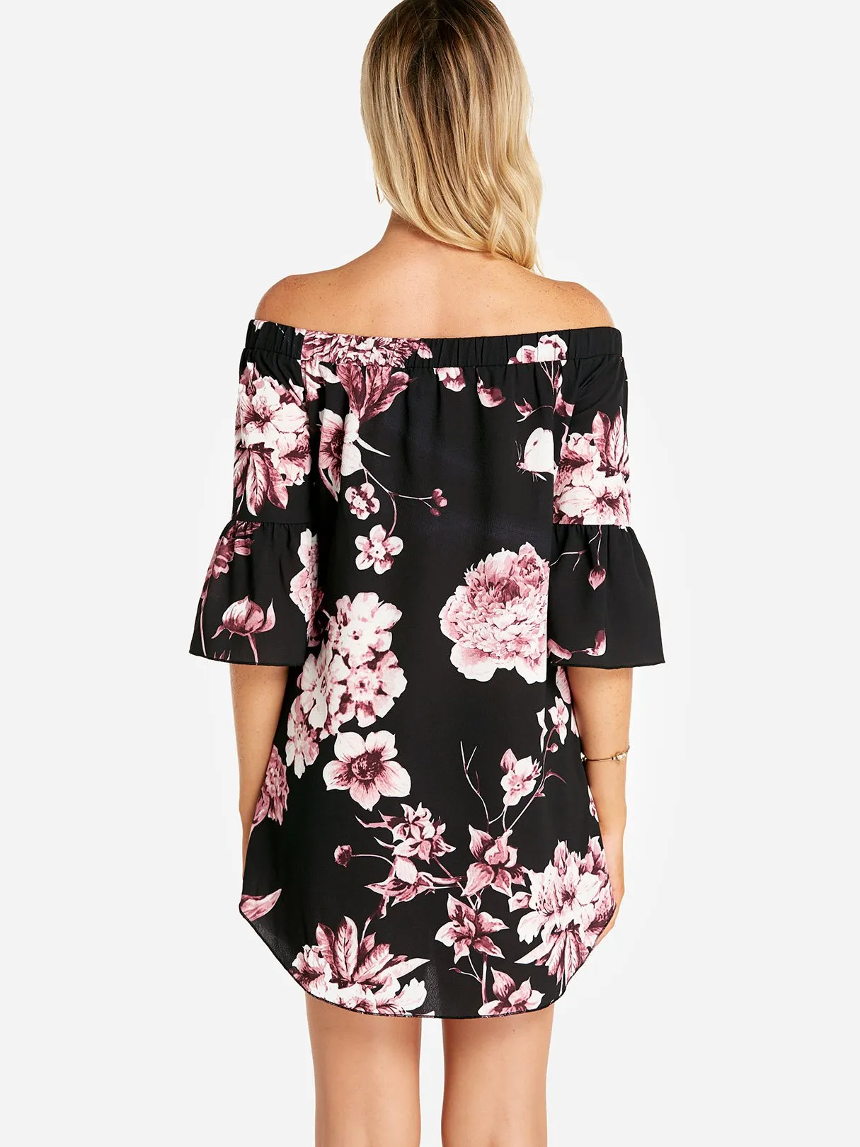 Wholesale Black Off The Shoulder Half Sleeve Floral Print Curved Hem Dresses