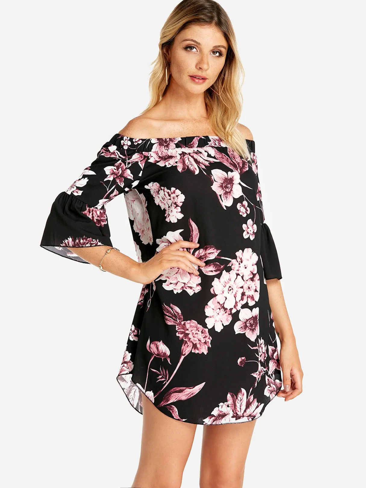 Wholesale Black Off The Shoulder Half Sleeve Floral Print Curved Hem Dresses