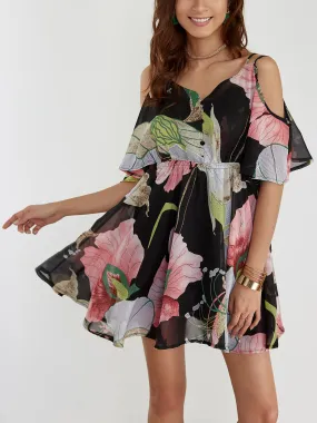 Wholesale Cold Shoulder Half Sleeve Floral Print Backless Dresses