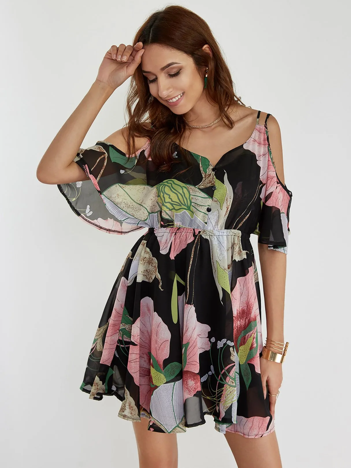 Wholesale Cold Shoulder Half Sleeve Floral Print Backless Dresses