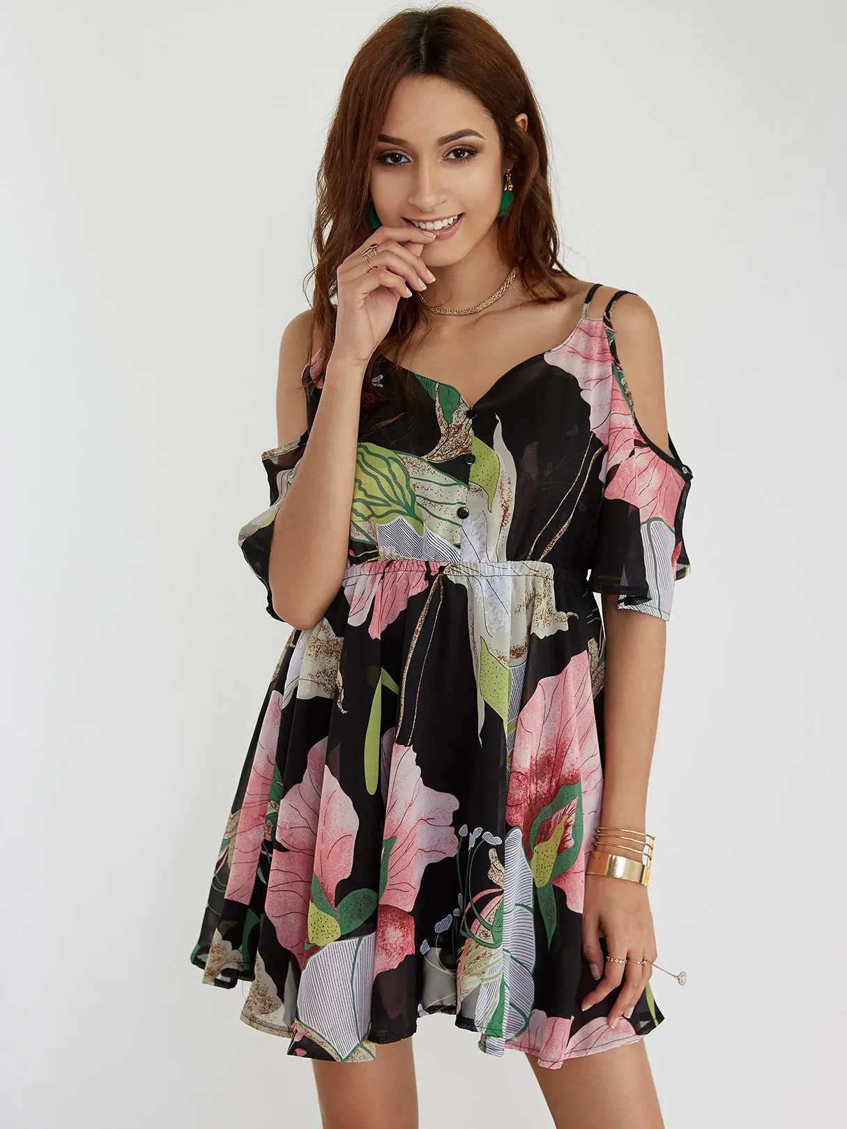 Wholesale Cold Shoulder Half Sleeve Floral Print Backless Dresses