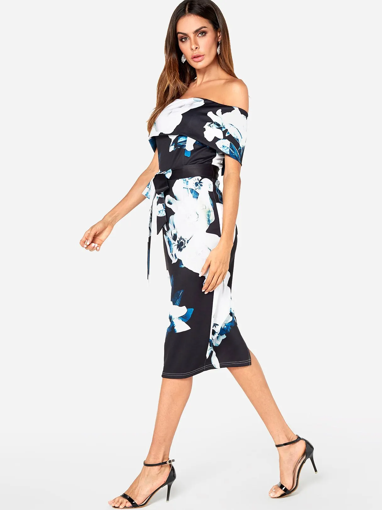 Wholesale Navy Off The Shoulder Short Sleeve Floral Print Zip Back Belt Self-Tie Slit Hem Dresses