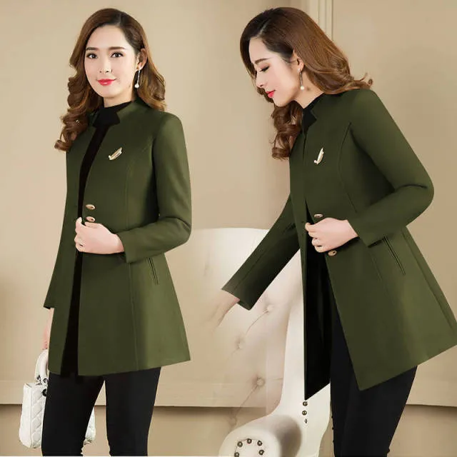 Wjczt autumn and winter new women&#39;s suit collar single-breasted loose fashion windbreaker woolen coat mid-length Polyester  Full