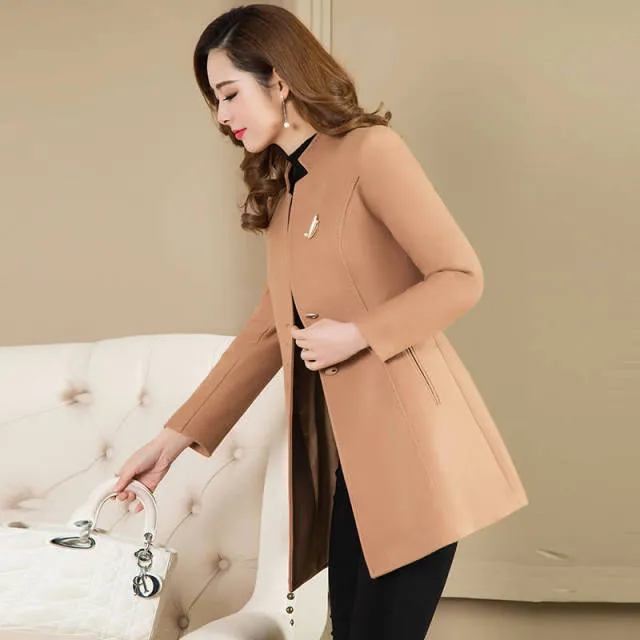 Wjczt autumn and winter new women&#39;s suit collar single-breasted loose fashion windbreaker woolen coat mid-length Polyester  Full