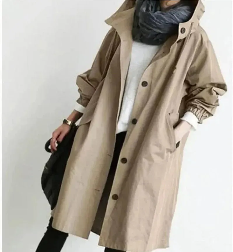 Women Casual Style Hoodie Windbreaker Mid-Length Long-Sleeved waist Jacket