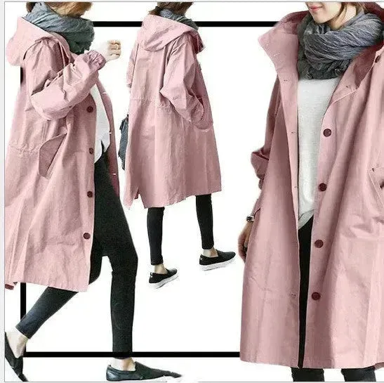 Women Casual Style Hoodie Windbreaker Mid-Length Long-Sleeved waist Jacket