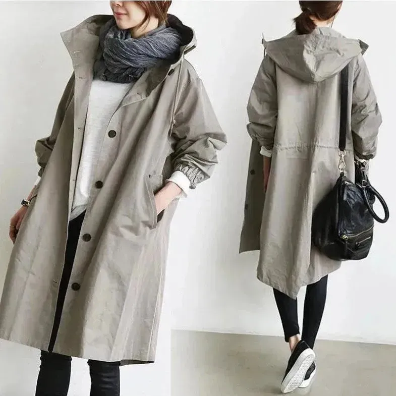 Women Casual Style Hoodie Windbreaker Mid-Length Long-Sleeved waist Jacket